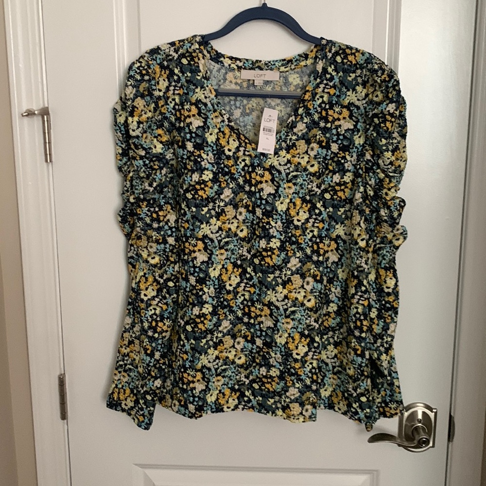 Loft-multi colored mix of navy yellow turquoise and cream small floral top.